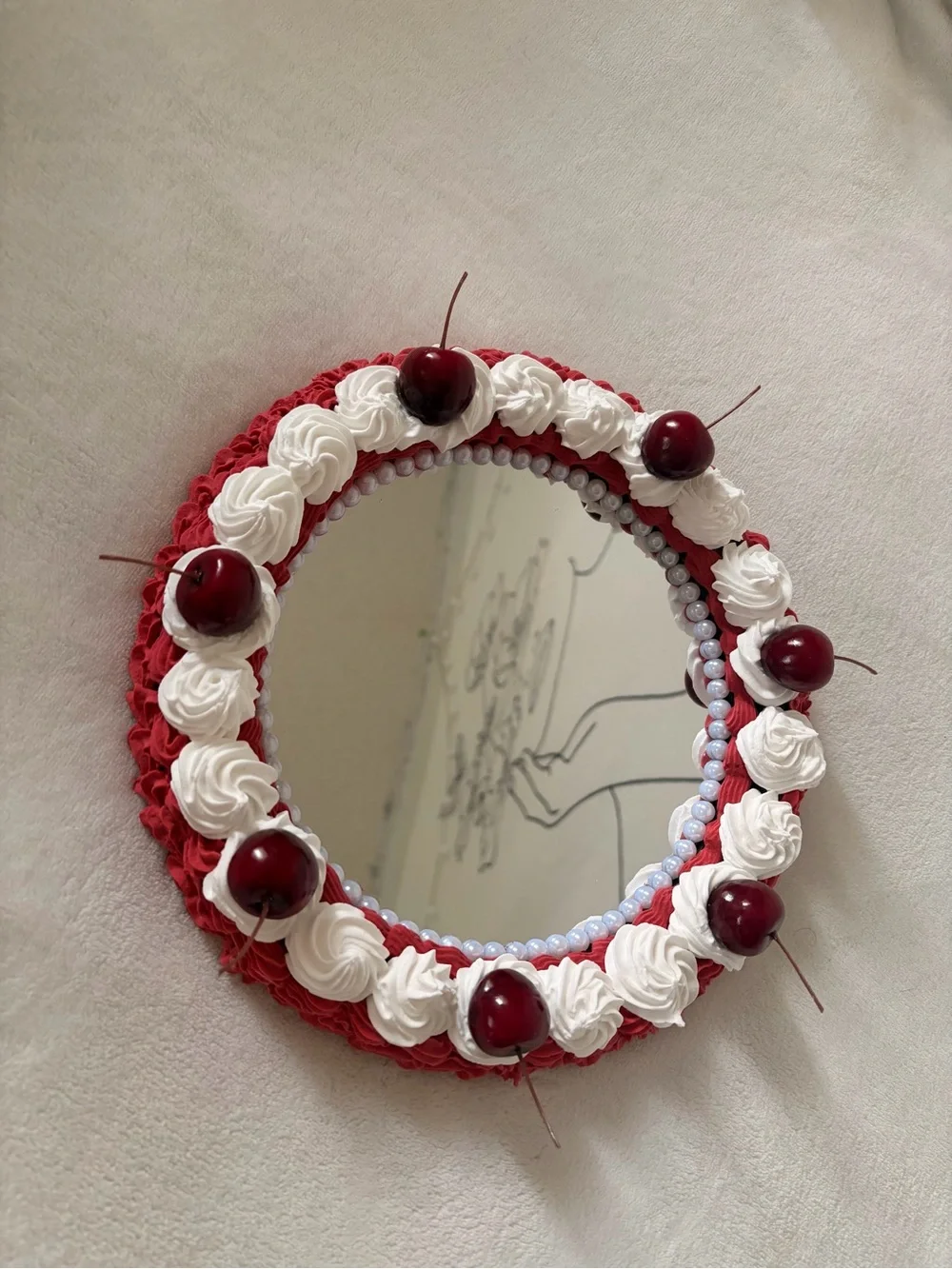 Red & White Decorative Cherry Round Wall Mirror - Unbranded